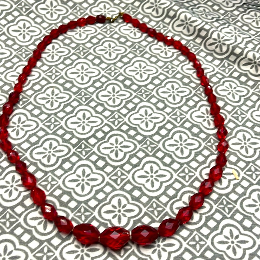 Vintage gauged red faceted bead necklace, 24 inches